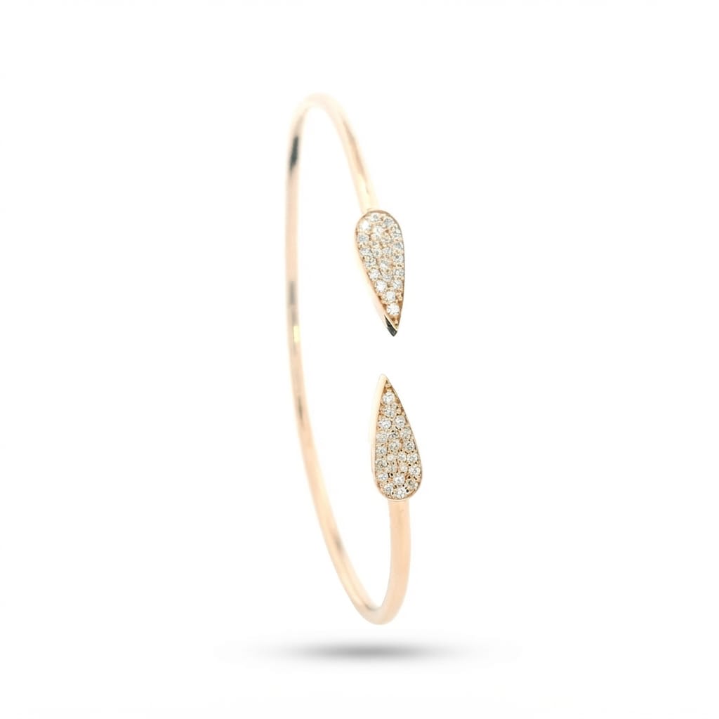 18K rose gold diamond open bangle with pavé set teardrop ends and round brilliant natural diamonds