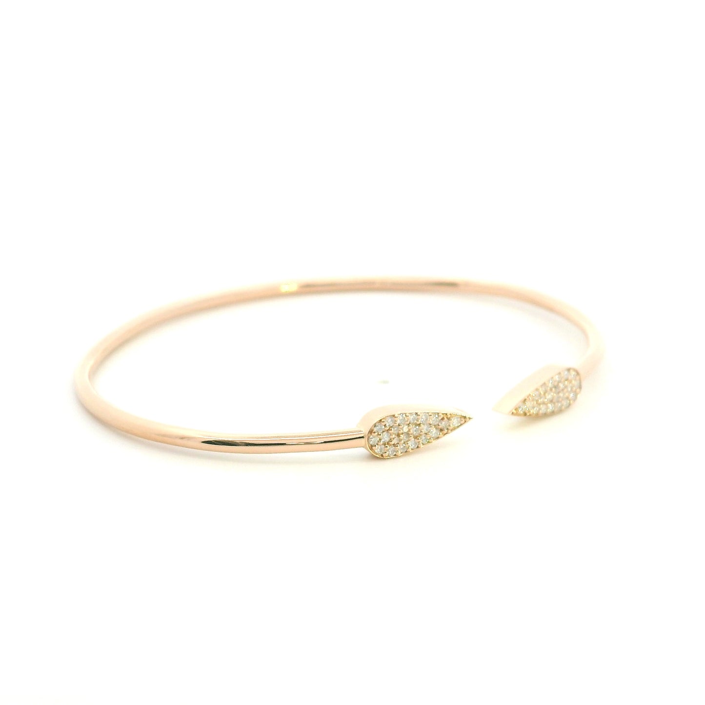 18K rose gold diamond open bangle with pavé set teardrop ends and round brilliant natural diamonds