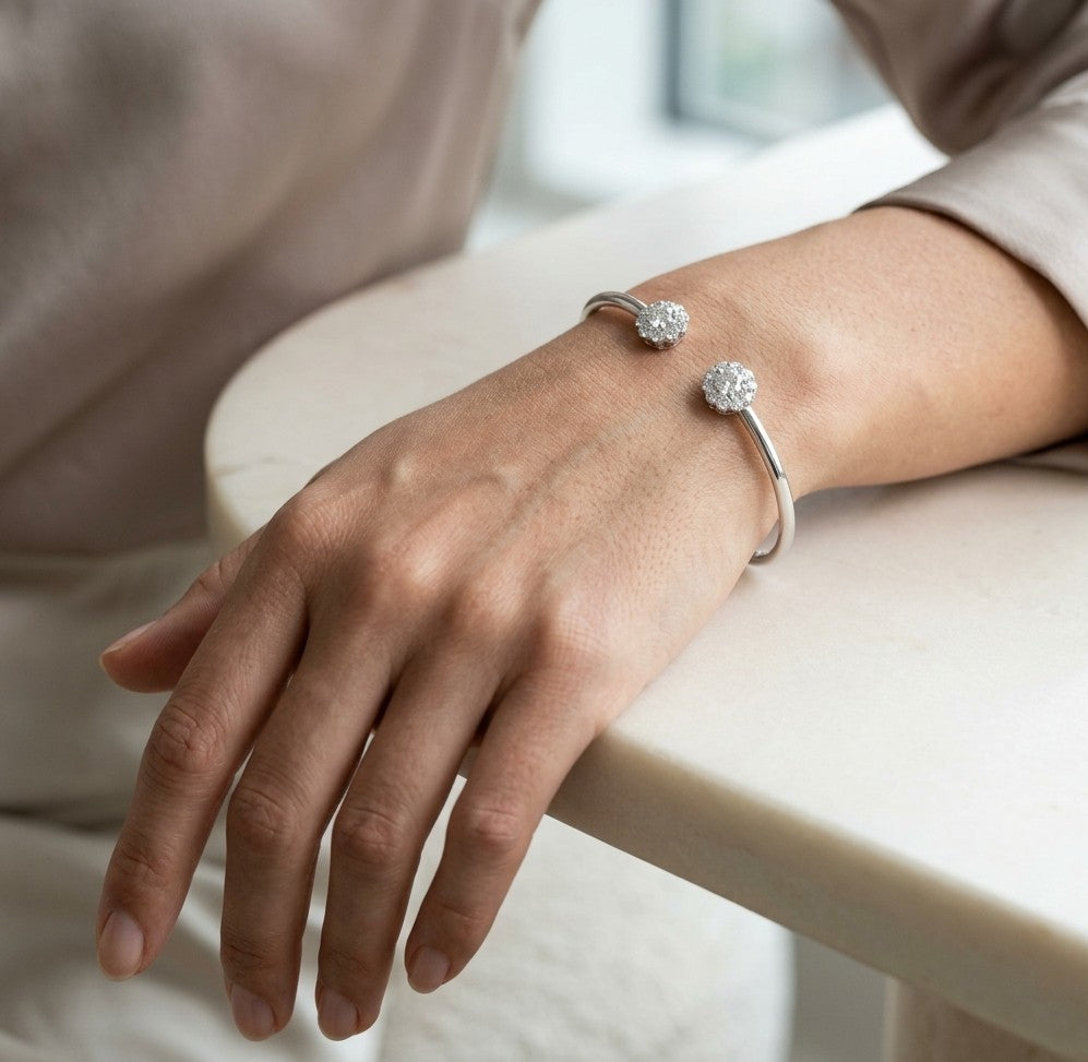 Diamond Halo Open Bangle in 18K White Gold
