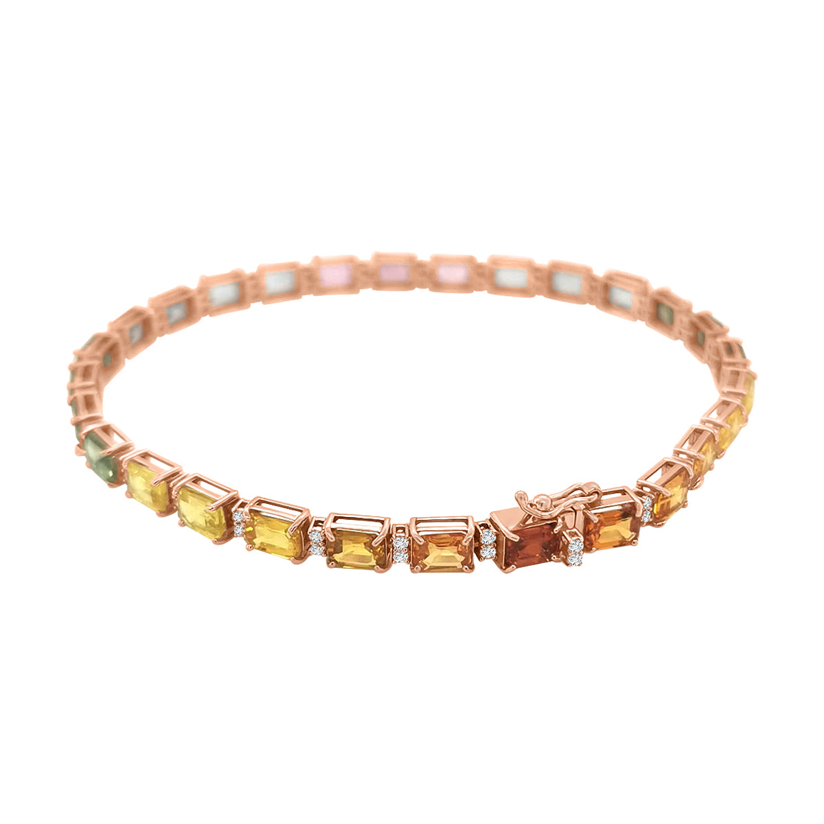 Multi Colour Sapphires And Diamond Tennis Bracelet In 18k Rose Gold.