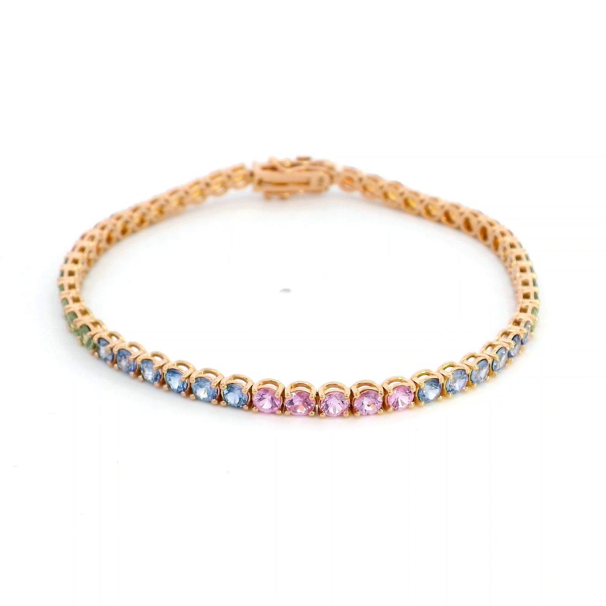 18K Rose Gold Multi-Sapphire Tennis Bracelet featuring 6.61 carats of vibrant round-cut sapphires in a classic design