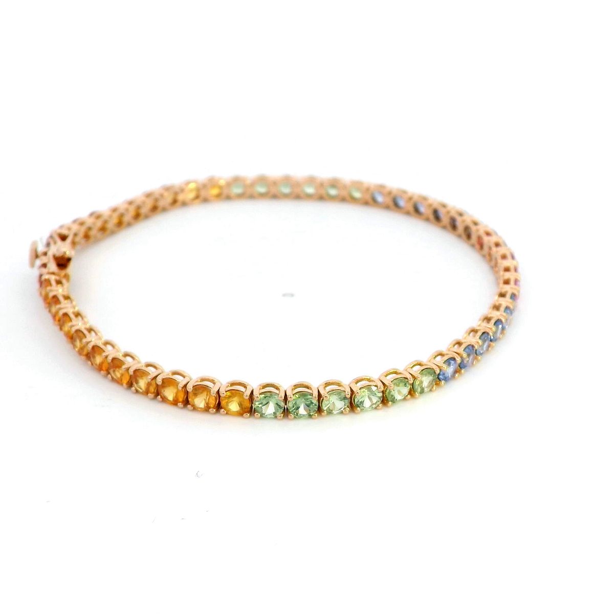 18K Rose Gold Multi-Sapphire Tennis Bracelet featuring 6.61 carats of vibrant round-cut sapphires in a classic design