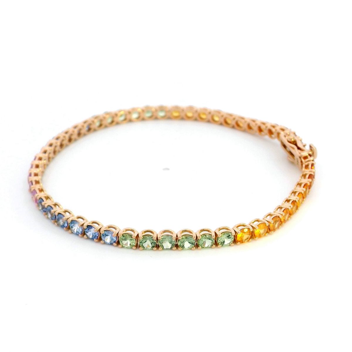 18K Rose Gold Multi-Sapphire Tennis Bracelet featuring 6.61 carats of vibrant round-cut sapphires in a classic design