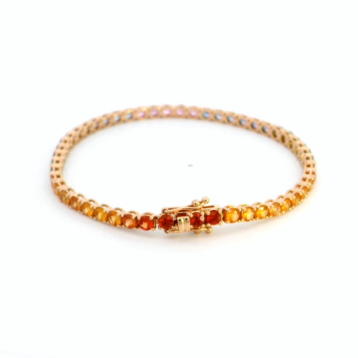 18K Rose Gold Multi-Sapphire Tennis Bracelet featuring 6.61 carats of vibrant round-cut sapphires in a classic design