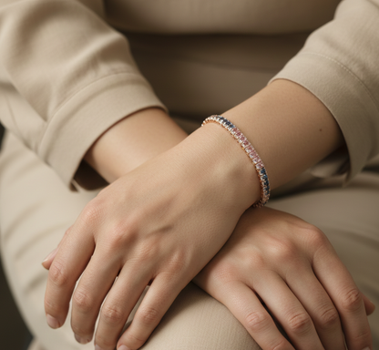 18K rose gold multicolor sapphire tennis bracelet with square cut sapphires and diamonds by Emirates Diamonds