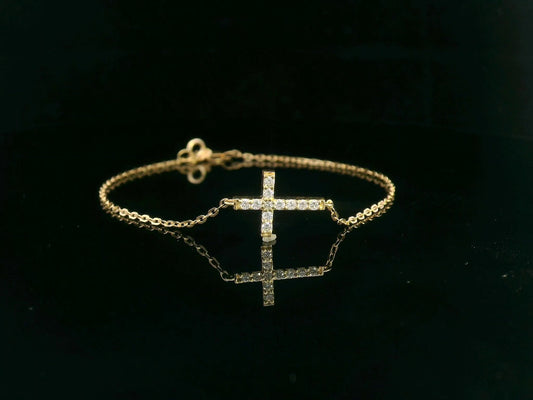 18K yellow gold bracelet with horizontal diamond cross on dainty chain – 0.14 carats

