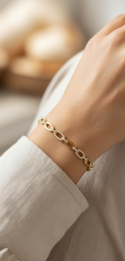 18K yellow gold diamond link bracelet – pavé diamond oval design by Emirates Diamonds