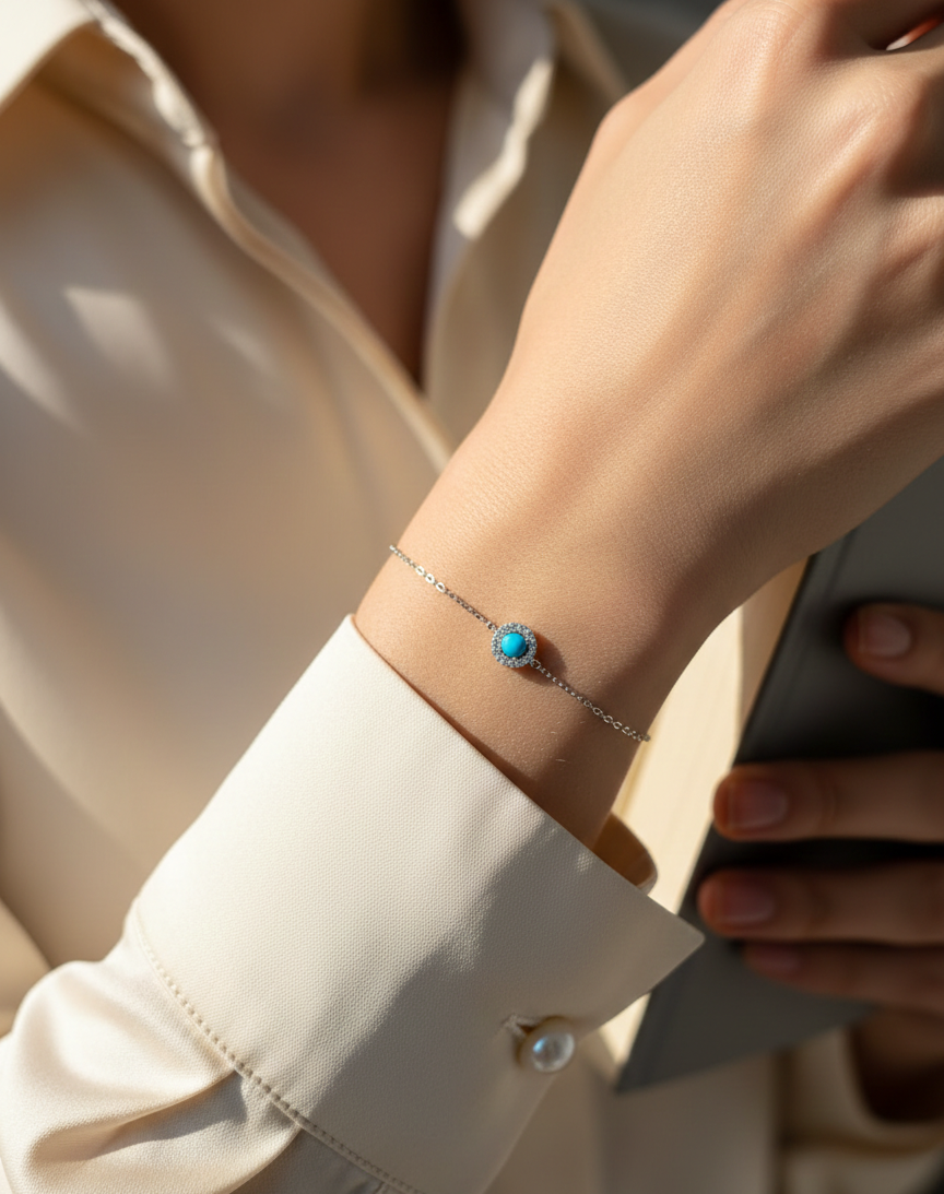 18K white gold turquoise and diamond halo bracelet featuring a 0.28 carat turquoise and 0.11 carat diamonds by Emirates Diamonds