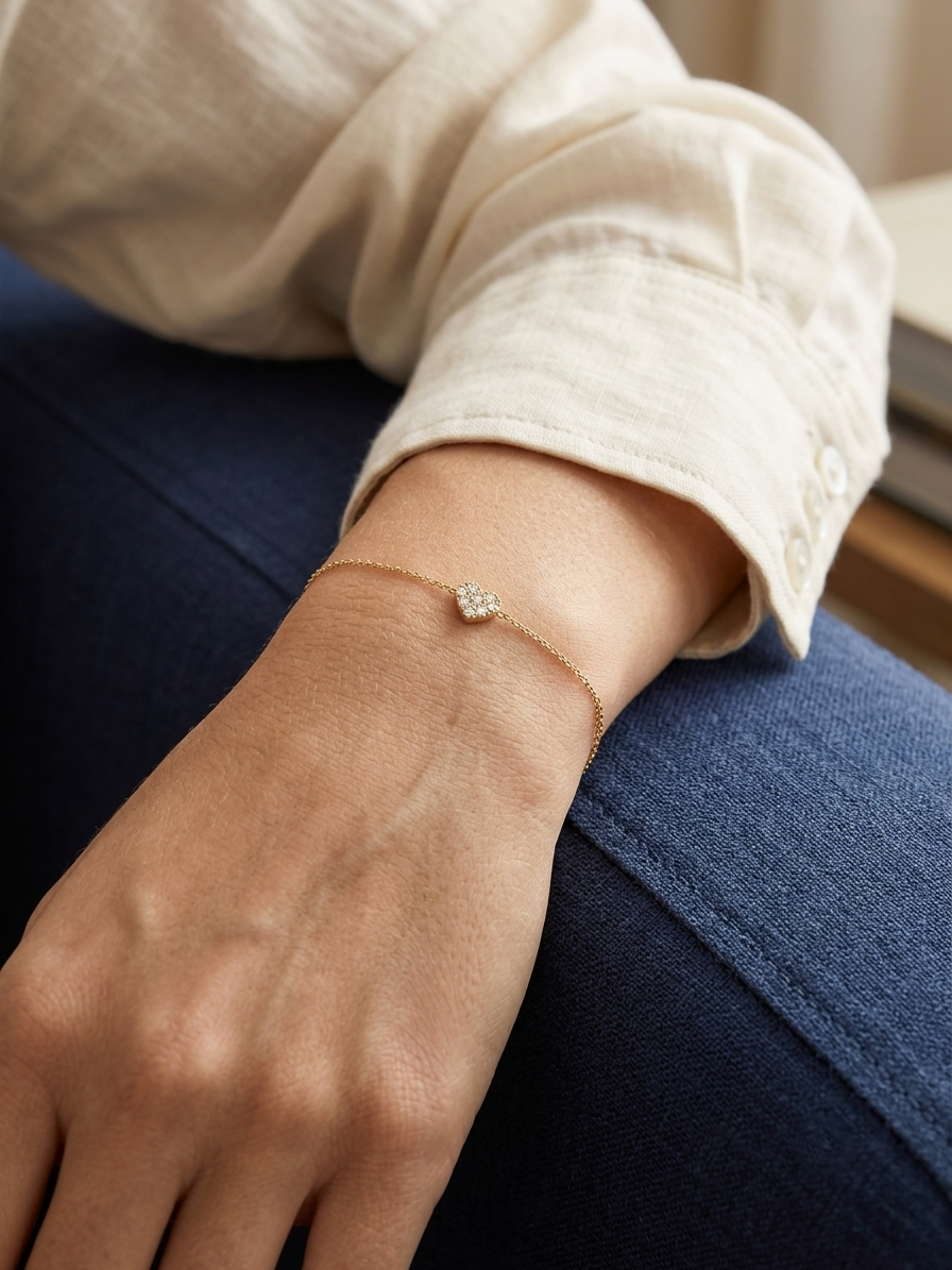18K yellow gold diamond heart bracelet with pavé set natural diamonds