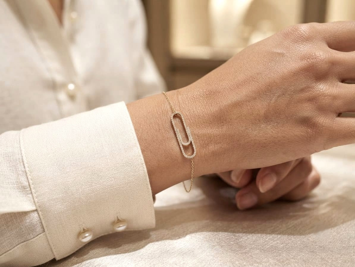 18K Yellow Gold Diamond Paperclip Bracelet featuring 0.27 carat natural diamonds in a modern pavé paperclip link design.
