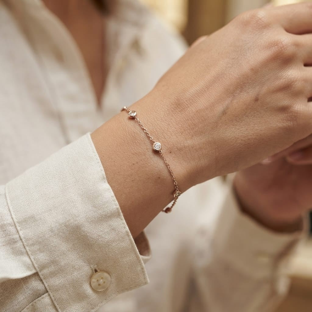 18K Rose Gold Diamond Station Bracelet featuring five bezel-set natural diamonds totalling 0.14 carat.