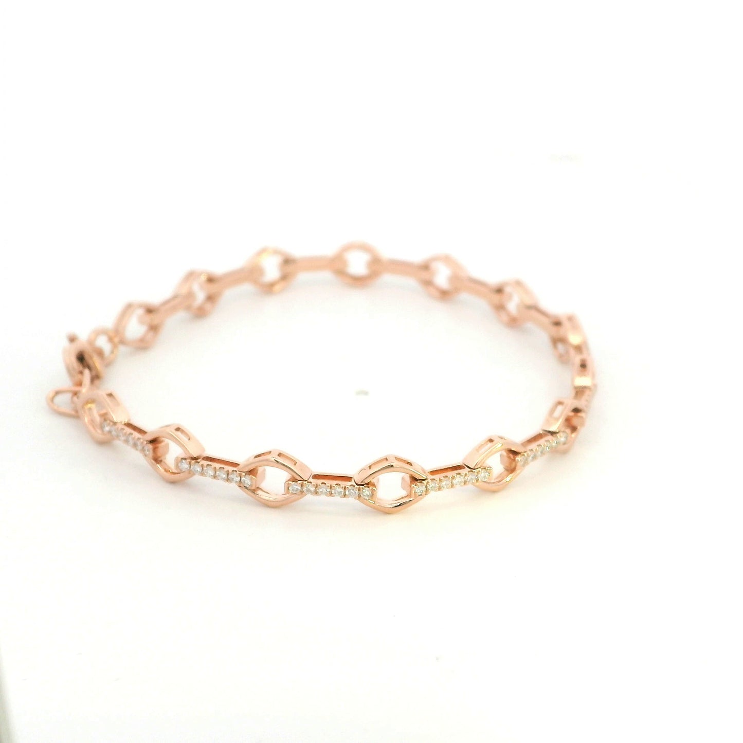 18K Rose Gold Diamond Link Bracelet with 0.61 Carat Natural Round Brilliant Diamonds and Alternating Polished Open Links