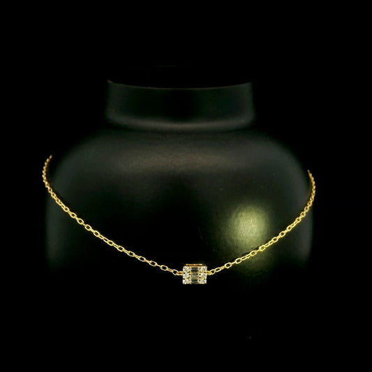 18K yellow gold bracelet with baguette and round natural diamonds in a geometric centre design on a fine adjustable chain
