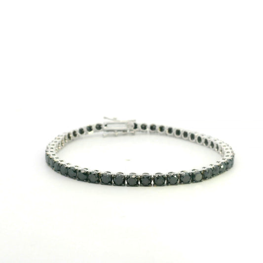 18K white gold black diamond tennis bracelet featuring a continuous row of round natural black diamonds totaling 8.38 carats