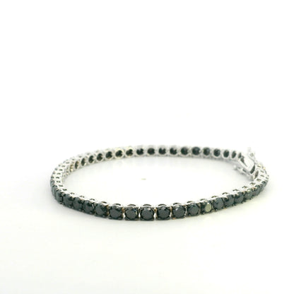 18K white gold black diamond tennis bracelet featuring a continuous row of round natural black diamonds totaling 8.38 carats