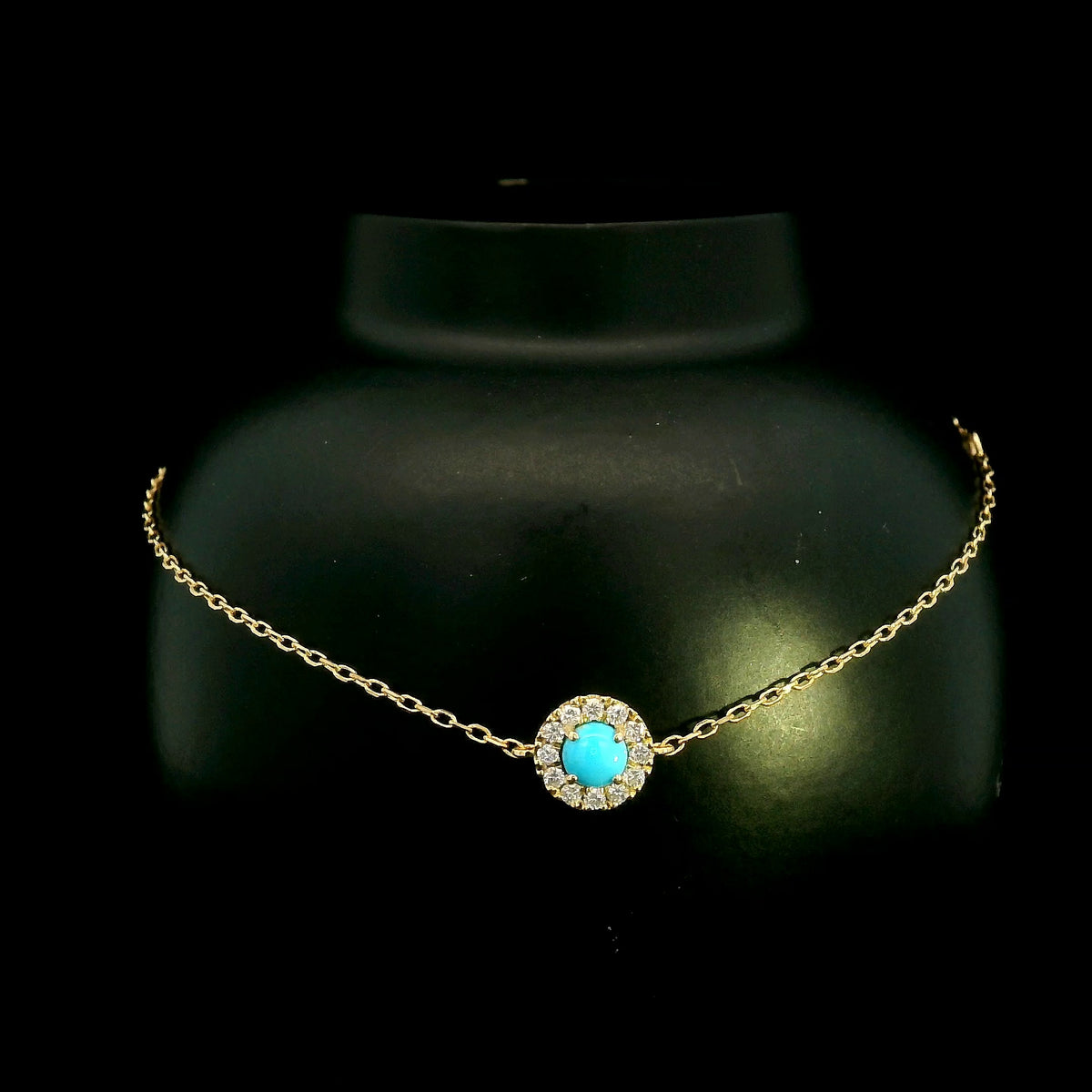 Turquoise and diamond halo bracelet in 18K yellow gold