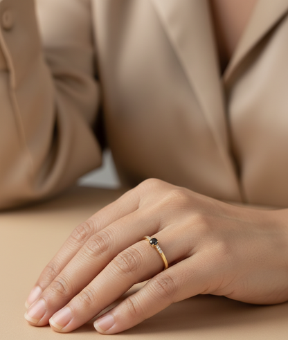 Black diamond ring 0.25 carat with diamond accents in 18K yellow gold by Emirates Diamonds