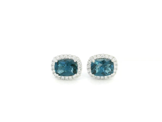 18K White Gold London Blue Topaz Diamond Halo Stud Earrings featuring 3.54 carats of natural London Blue Topaz and 0.40 carats of natural diamonds.