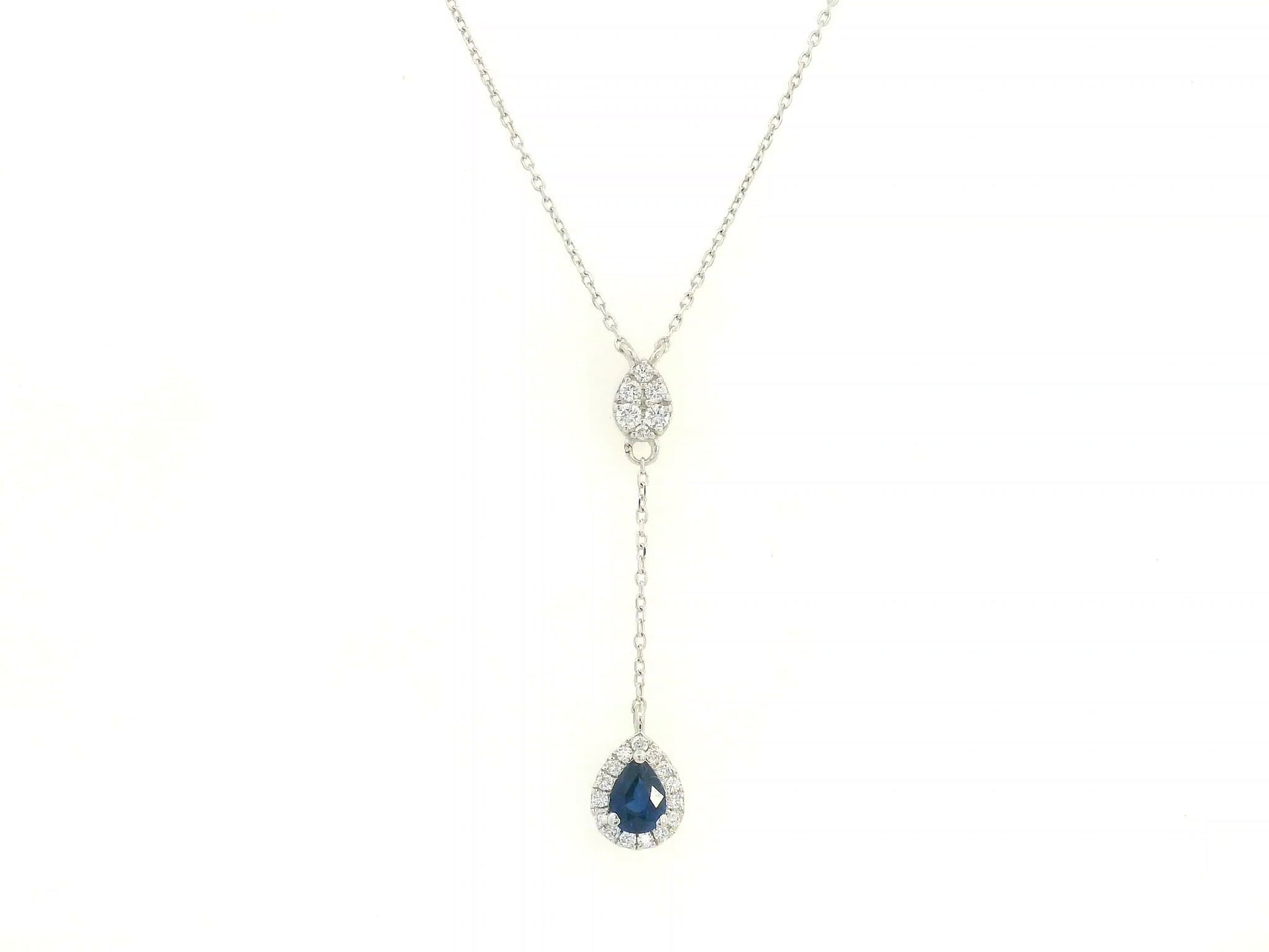 Blue sapphire and diamond drop necklace in 18K white gold pear-shaped sapphire with halo – Emirates Diamonds