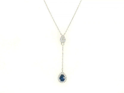 Blue sapphire and diamond drop necklace in 18K white gold pear-shaped sapphire with halo – Emirates Diamonds