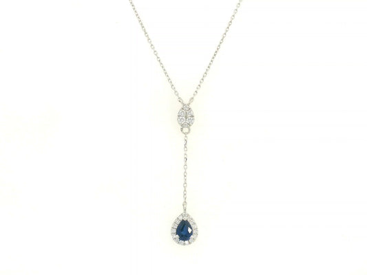 Blue sapphire and diamond drop necklace in 18K white gold pear-shaped sapphire with halo – Emirates Diamonds