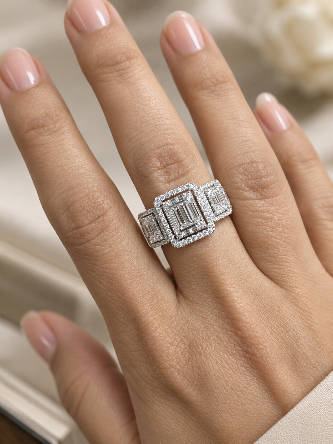 Geometric Round and Baguette Diamond Ring in 18K White Gold