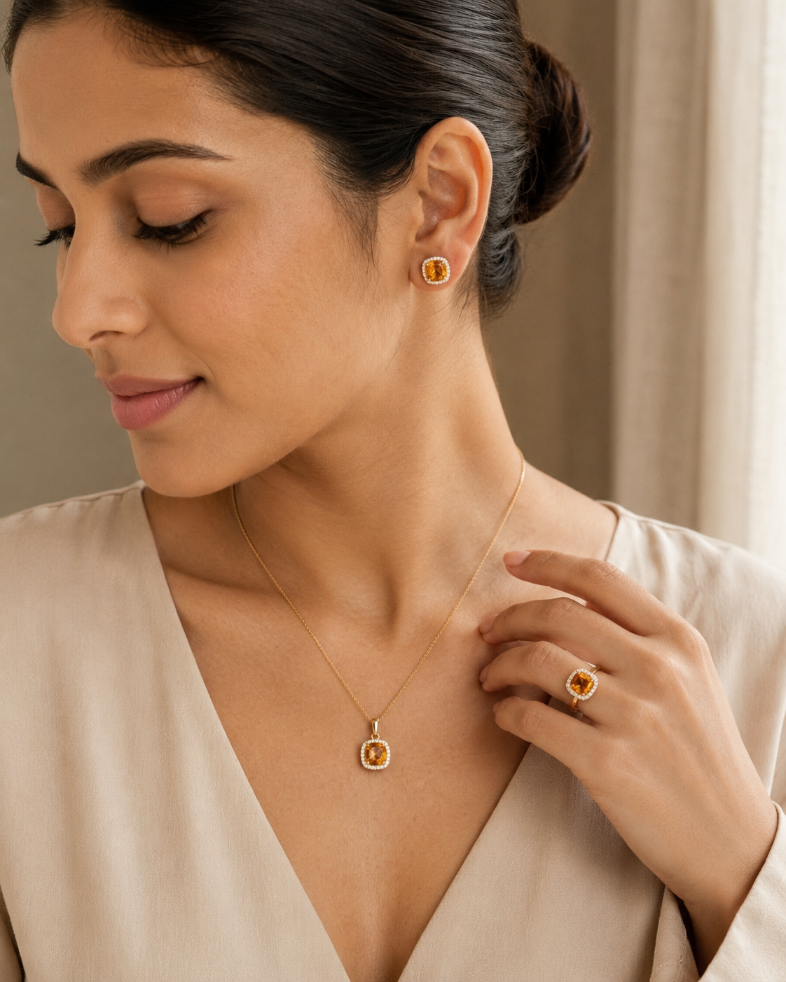 Citrine & Diamond Halo Pendant in 18K Yellow Gold