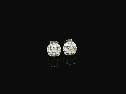 Cushion cut diamond halo stud earrings in 18K white gold with GIA certified diamonds by Emirates Diamonds