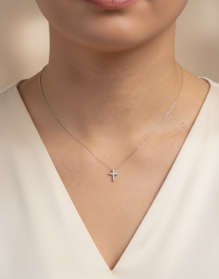 Diamond cross pendant necklace in 18K white gold with natural diamonds by Emirates Diamonds