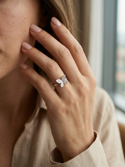 Diamond butterfly ring in 18K white gold with pavé diamonds by Emirates Diamonds