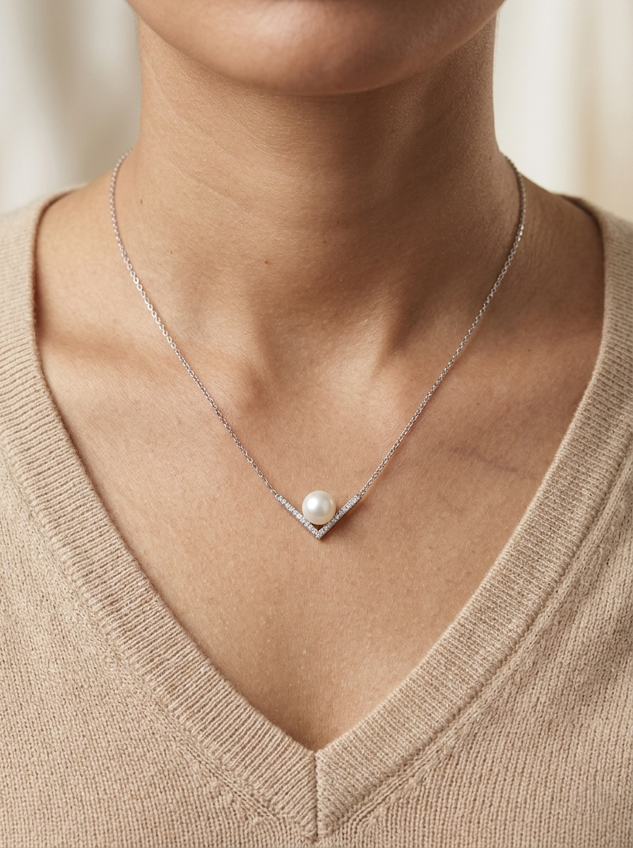 Freshwater pearl and diamond V necklace in 18K white gold with 8.5x9mm pearl – Emirates Diamonds