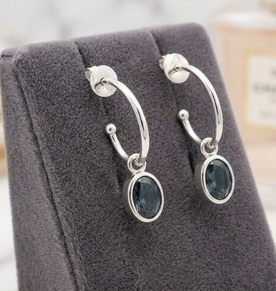 Blue Sapphire Drop Hoop Earrings in 18K White Gold