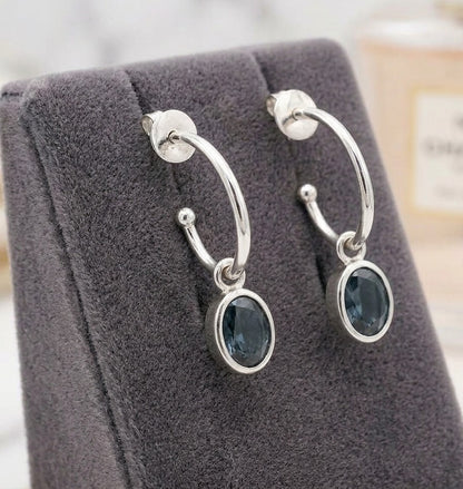 Blue Sapphire Drop Hoop Earrings in 18K White Gold