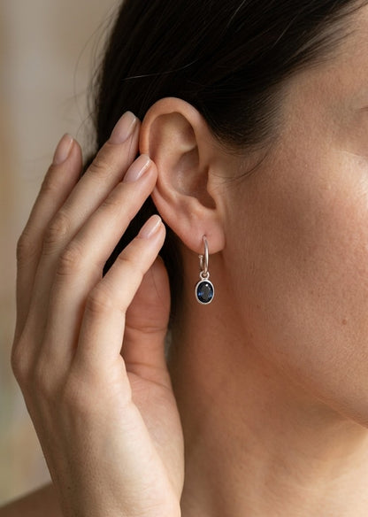 Blue Sapphire Drop Hoop Earrings in 18K White Gold