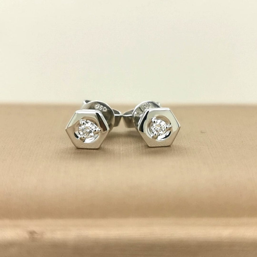 Octagonal Framed Solitaire Diamond Stud earrings In 18k White Gold.