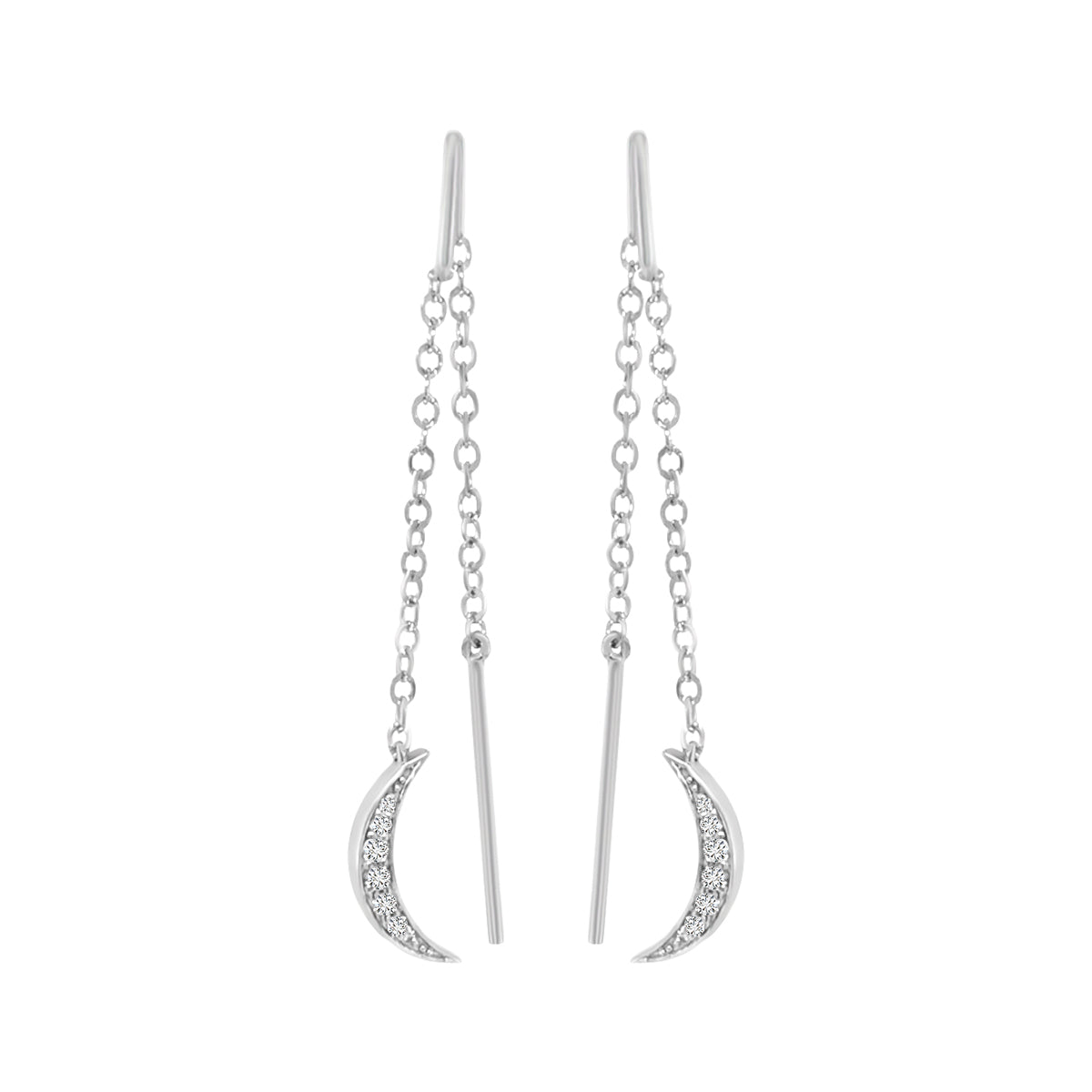 Needle And Thread Earrings With Half Moon Charm In 18k White Gold.