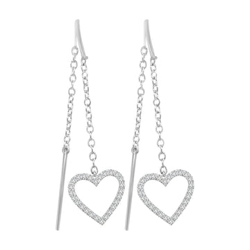 Needle And Thread Earrings with Diamond Heart Charm In 18k White Gold.
