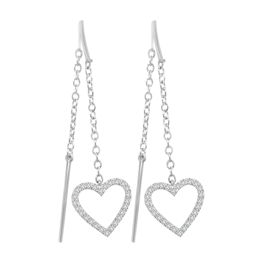 Needle And Thread Earrings with Diamond Heart Charm In 18k White Gold.
