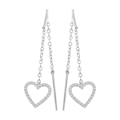 Needle And Thread Earrings with Diamond Heart Charm In 18k White Gold.