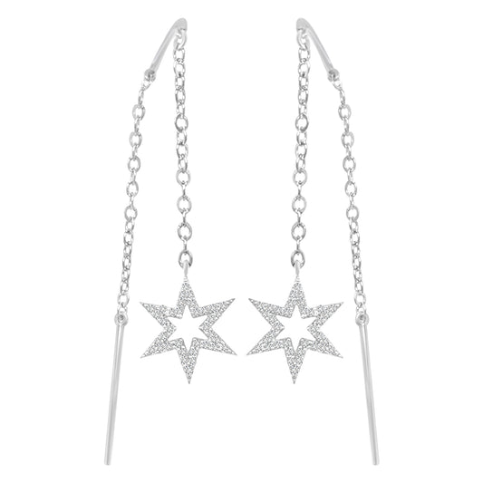 Needle And Thread Earrings With Diamond Open Star In 18k White Gold.