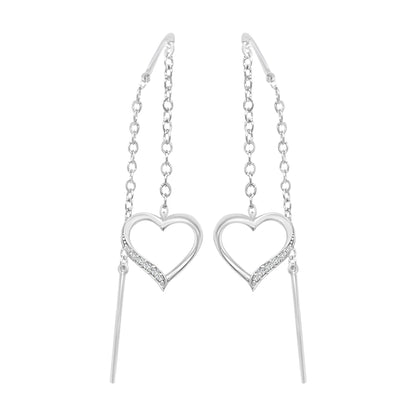Needle And Thread Earrings With Heart Charms In 18k White Gold.