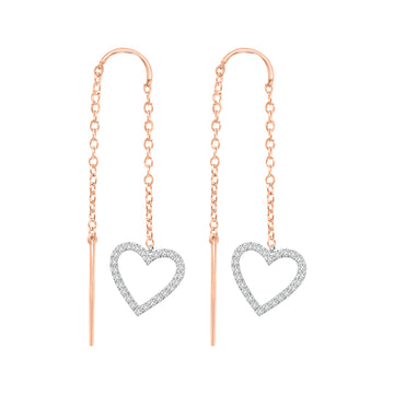 Needle And Thread Earrings With Diamond Heart Charms In 18k Rose Gold.