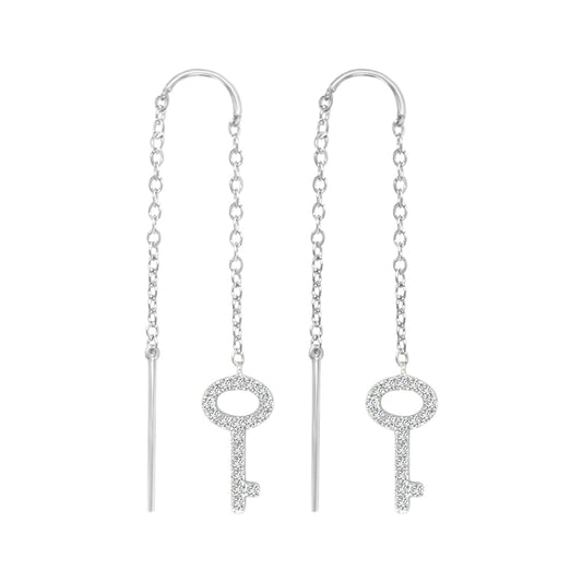 Needle And Thread Earrings With Diamond Key Charms In 18k White Gold.