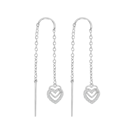 Needle And Thread Earrings With Interlocking Heart Charms In 18k White Gold
