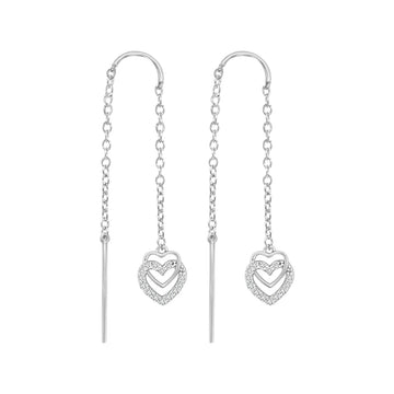 Needle And Thread Earrings With Interlocking Heart Charms In 18k White Gold
