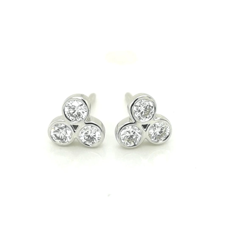 Three Diamond Cluster Stud Earrings In 18k White Gold.