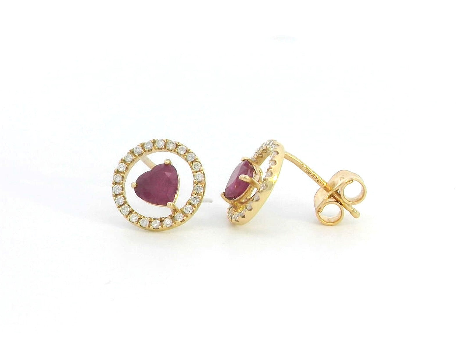 18K Gold Heart Ruby Earrings with Open Diamond Circle – Elegant Stud Earrings for Women