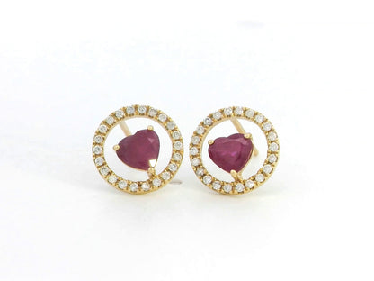 18K Gold Heart Ruby Earrings with Open Diamond Circle – Elegant Stud Earrings for Women