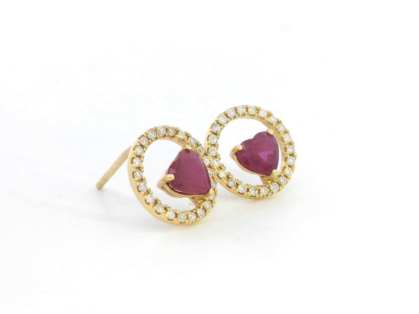 18K Gold Heart Ruby Earrings with Open Diamond Circle – Elegant Stud Earrings for Women