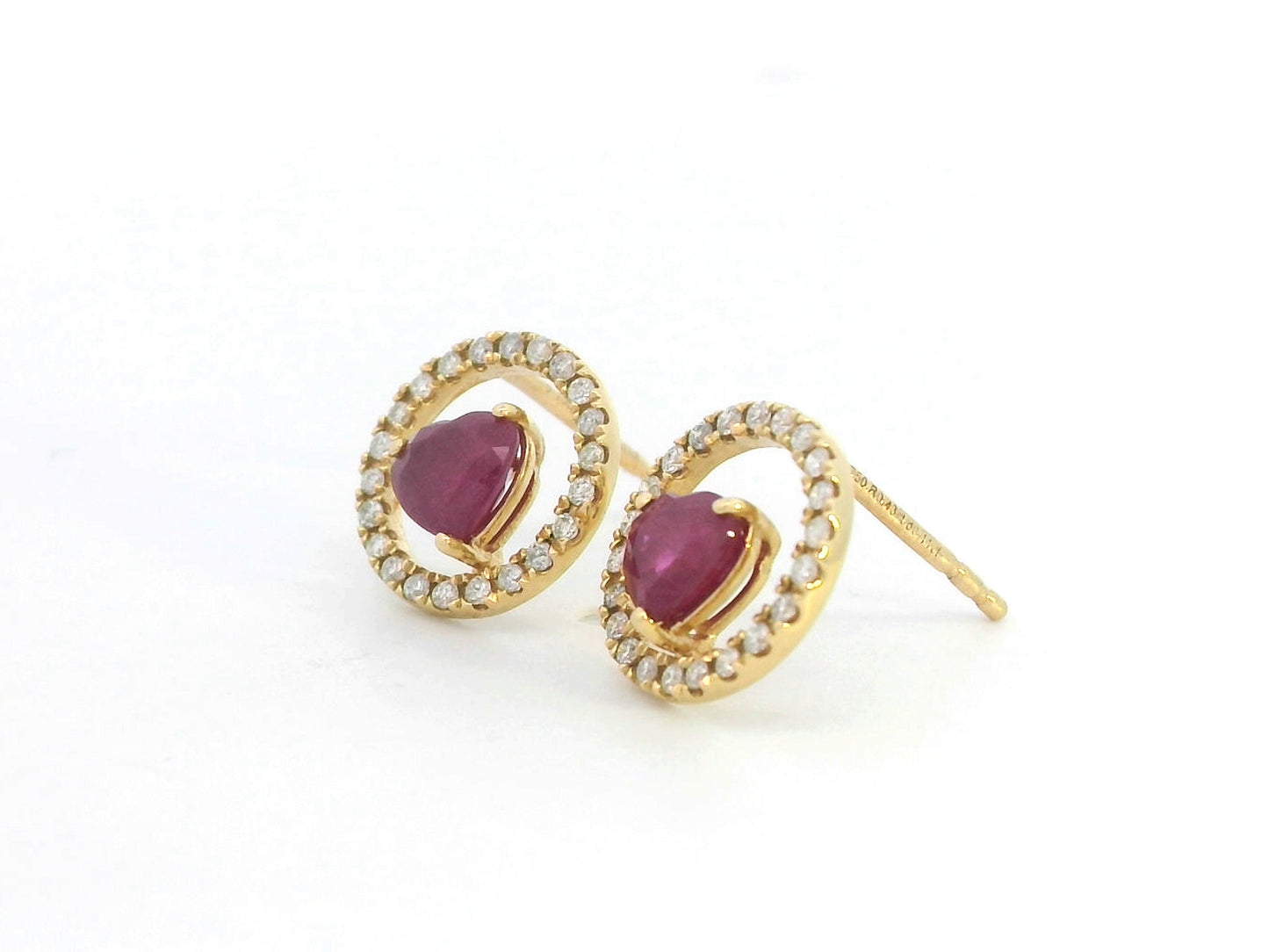 18K Gold Heart Ruby Earrings with Open Diamond Circle – Elegant Stud Earrings for Women